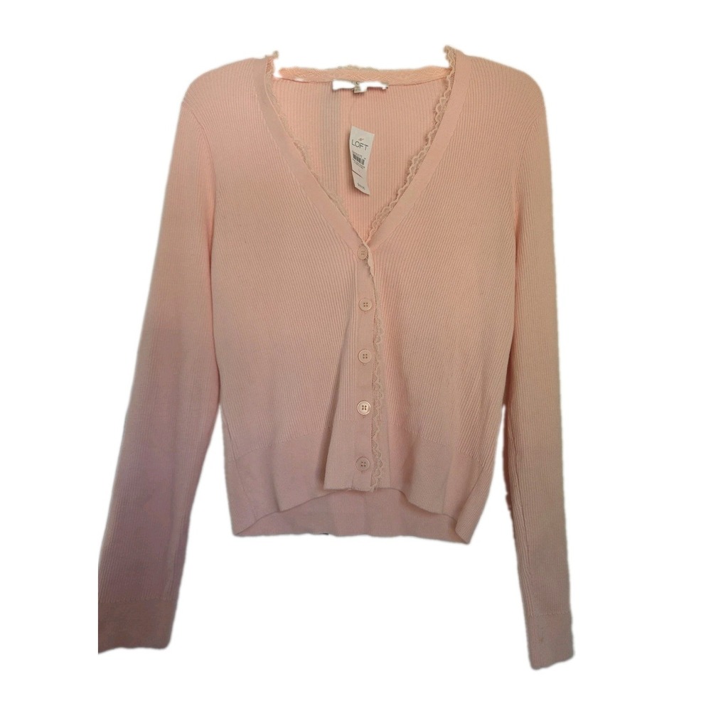 NWT Loft Pale Pink Lace Detail Ribbed Cardigan Sz Large